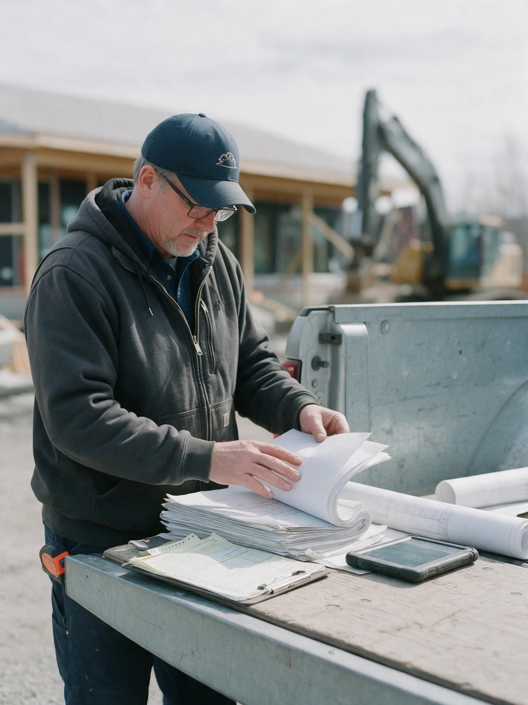 Un chargé de chantier dépouille une liasse de documents sur le hayon d'une camionnette, des plans roulés à côté de lui.