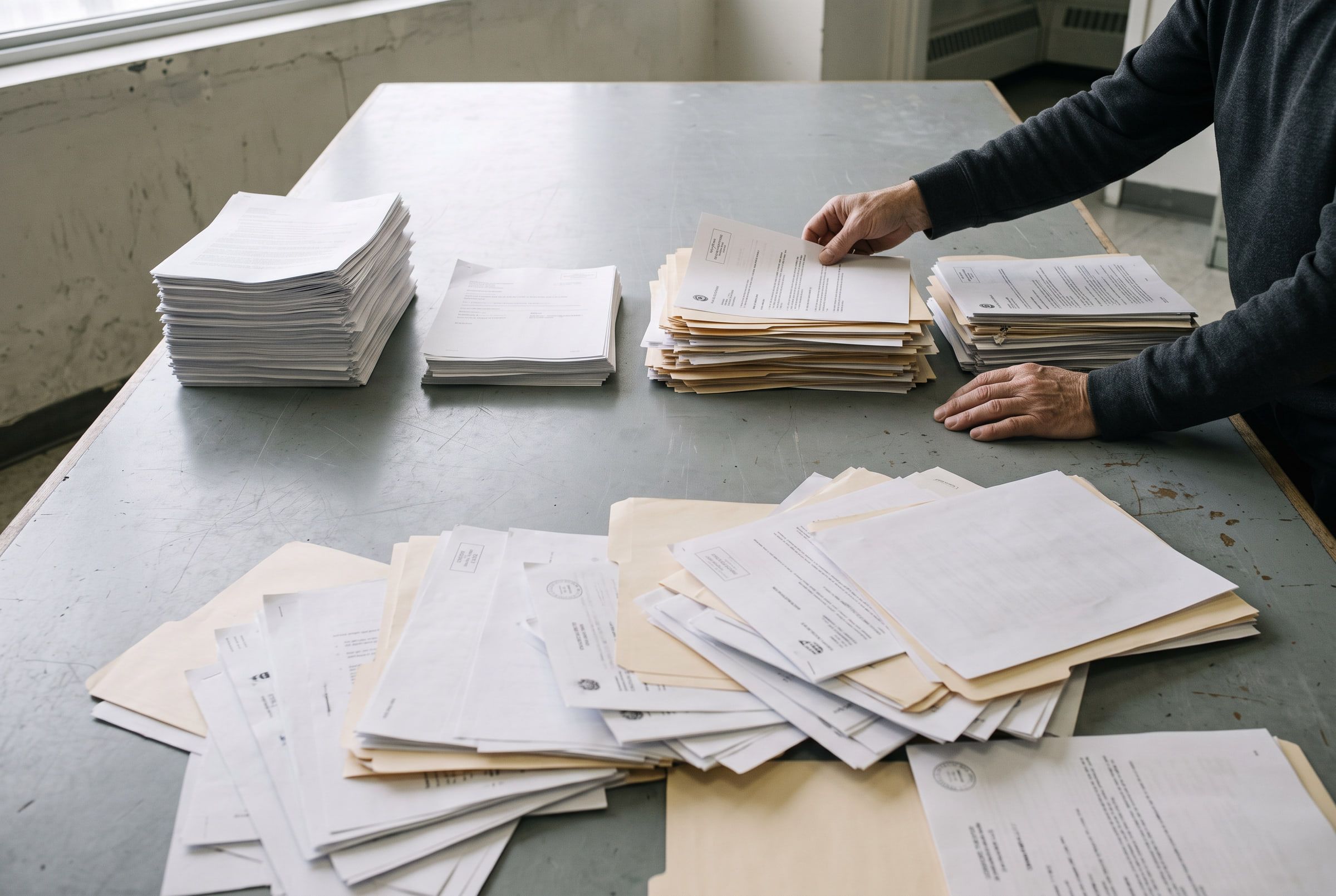 Des mains trient une masse de documents imprimés en piles distinctes sur une grande table.