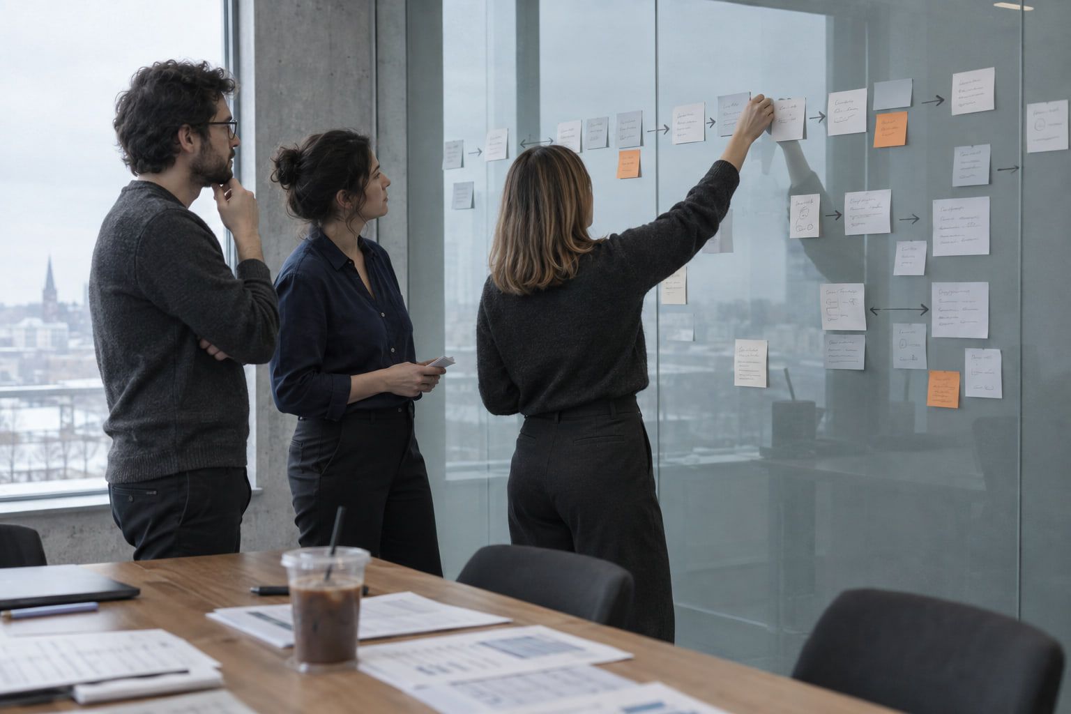 Trois collègues construisent une carte de processus avec des papillons adhésifs sur une cloison vitrée.